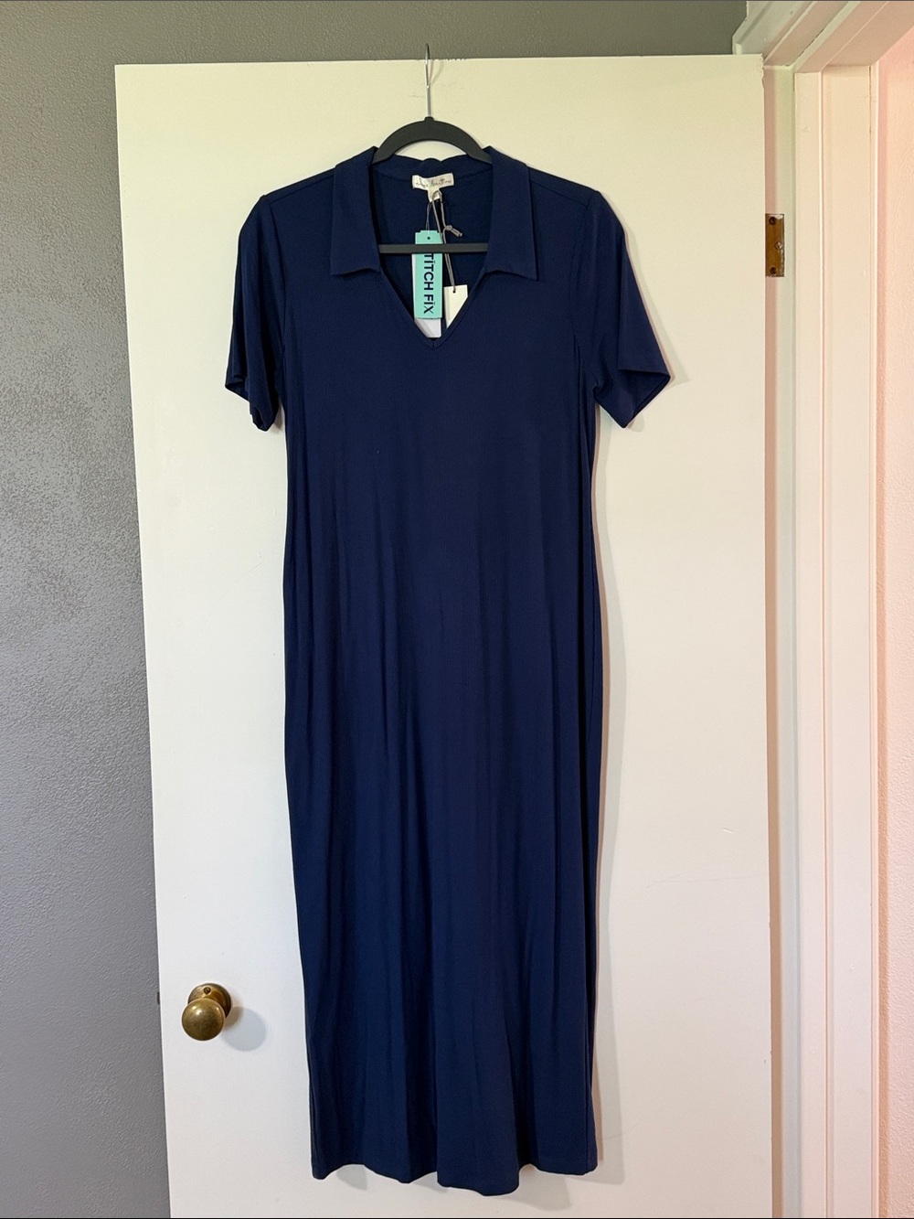 nine britton Navy Short-Sleeve Polo Collar Maxi Dress with V-Notch
